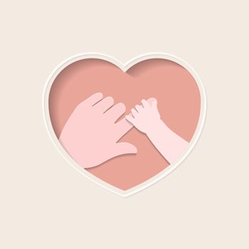 Hand of baby holding big finger of mother in heart shaped paper art vector