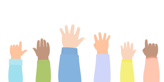Hands of deverse kids raising back side vector