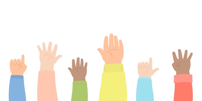 Hands of deverse kids raising front side vector