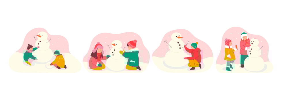 Winter children's activities. Children build a snowman. Set of illustrations vector