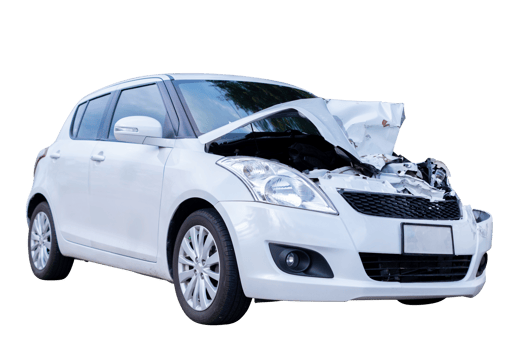 Car crash, Full body of front and side view white car get damaged by accident on the road. damaged cars after collision. Isolated on transparent background, car crash broken, File png