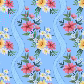 Beautiful blooming flowers design on blue color background seamless pattern. vector