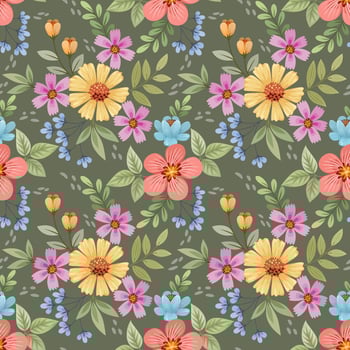 Beautiful blooming flowers design on green color background seamless pattern. vector