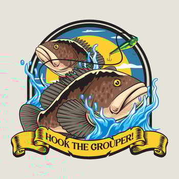 Grouper Fish Sport Fishing in Gray Background Colorful Cartoon Modern Illustration for sticker badge emblem t-shirt banner invitation vector