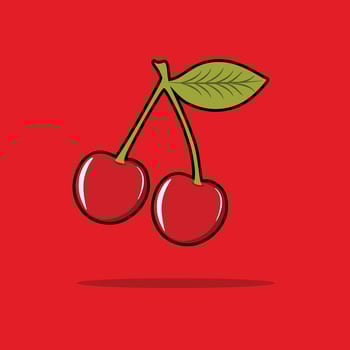 a drawing of cherry with a green leaf with red background or cherry illustration cherry vector