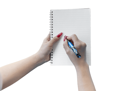 woman hands writing in empty notebook isolated on transparent png
