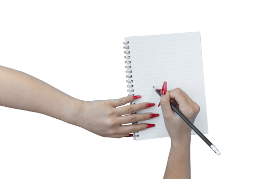 woman hands writing in empty notebook isolated on transparent background png