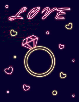 Neon illustration with a ring, hearts and the inscription Love. vector