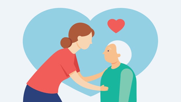 Woman Taking Care of Elderly Person with Love - Flat Illustration vector