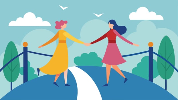 Women Crossing a Bridge Holding Hands vector