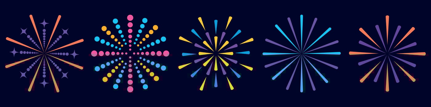 Set of colorful fireworks on a dark background. vector