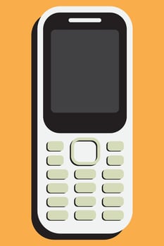 A white flip phone with a black screen sits on an orange background vector