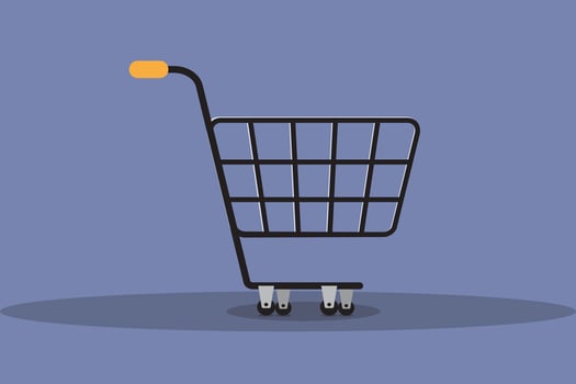 A shopping cart with a handle is shown on a blue background vector