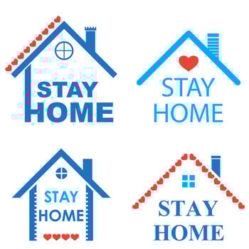 Stylized House Roof with Red Heart and Stay Home Banner Set Isolated on White Background. Virus Protection. Stop COVID-19. Outbreak 2019-ncov. Self Isolation Symbol. Quarantine Coronavirus. vector