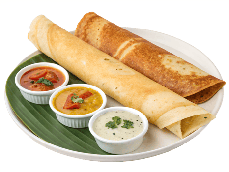Indian dosas on a plate with different dips, side and top view, isolated on a png