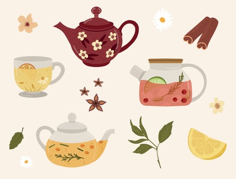 Teapots, and cups with fruits, lemon, and herbal tea. Cartoon hot drinks vector