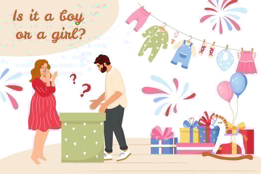 Couple expecting baby open box to find out if it's boy or girl Baby shower banner design with happy parents, gifts, baby clothes Ideal for festive gender reveal party invitations, cards, decor vector