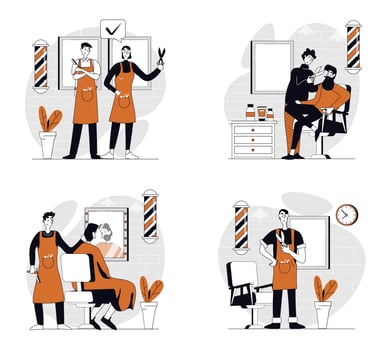 Barbershop concept set in flat design for web. Collection with people getting professional haircut and styling, hairdressers shaving beard and mustaches, doing care treatment. illustrations. vector