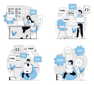 Programmer working concept set in flat design for web. Collection with people coding at screens, programming at different computer languages, creating applications and sites. illustrations. vector