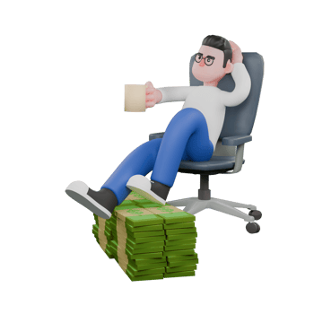 Cartoon Character 3D Model Editor Design. A male editor sits on a chair with his right hand holding a coffee cup, and his left hand holding his head while both feet are placed on a pile of money. png