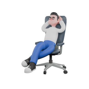 Editor in Cartoon Style 3D Model Illustration. A maleeditor sits leaning back in a chair with both hands holding his head while looking up, an expression of daydreaming. Design Character. png