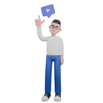 Cartoon Character 3D Model Editor Design. A male editor stands with his hands forming a gun symbol while pointing upwards, eureka expression. Illustration Design. png