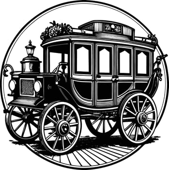 An old fashioned horse and carriage is shown in black and white vector