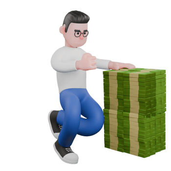 Professional Editing 3D Cartoon Model. A Editor squats in front of a pile of money and his left hand clenched. Illustration Design png