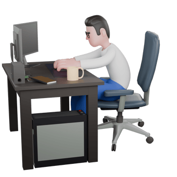 Professional Editing 3D Cartoon Model. A Male Editor sits on a chair with a computer on the table. Professional Model. png