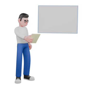 Cartoon Character 3D Model Editor Design. A male editor stands next to a whiteboard holding a sheet of paper in his left hand while looking at it, an expression of presentation. Illustration Design. png