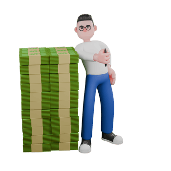 Cartoon Character 3D Model Editor Design. A Editor stands next to a pile of money with his right hand holding a ballpoint pen and his left hand on his waist. Illustration Design png