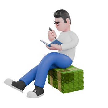 Cartoon Character 3D Model Editor Design. A male editor sits on a pile of money holding a book and a pen, an expression of thinking about writing. Illustration Design. png