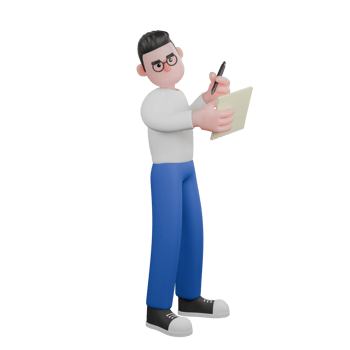 Editor Cartoon Style 3D Model Illustration. A male editor stands holding a sheet of paper in his right hand while looking at it, and holding a pen in his left hand, an expression of wanting to write. png