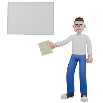 Editor in Cartoon Style 3D Model Illustration. A male editor stands next to a whiteboard holding paper in his right hand, and his left hand is clenched. Design Character. png