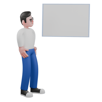 Professional Editing 3D Cartoon Model. A male editor stands next to a whiteboard while looking at it, and both hands are on his waist. Professional Model. png