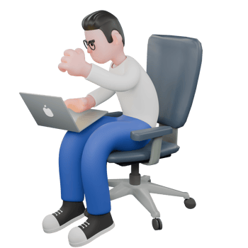3D Model Cartoon Character for Editing. A Male Editor sits with a laptop on his lap and his left hand clenched. Illustration Design png