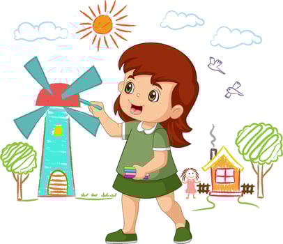 Cute girl paint drawings on wall using crayons cartoon vector
