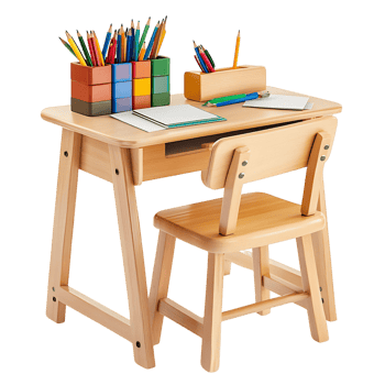 Adorable Wooden Children Desk and Chair Set with Colorful Pencils and Paper png