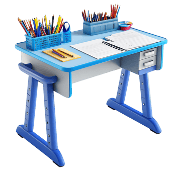 Blue Children Desk with Drawers Pencils and Notebook png