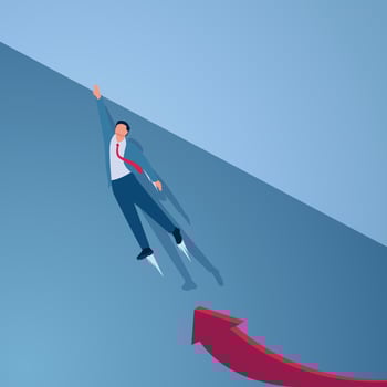 A man jumps from a graphic arrow towards a high wall to get over it, an illustration of passing an obstacle. vector