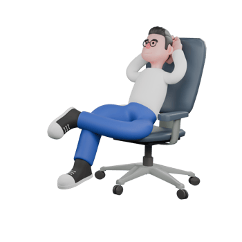 Creative Editor 3D Cartoon Character Design. A male editor sits and leans back in a chair with both hands behind his head, a relaxed expression. Design png