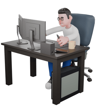 3D Model Cartoon Character for Editing. A male editor sits on a chair with a computer on the table with his left hand holding a pen. Design png