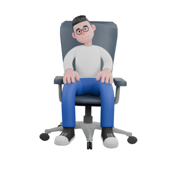 Professional Editing 3D Cartoon Model. A male editor sits on a chair with both hands on his knees. Professional Model. png