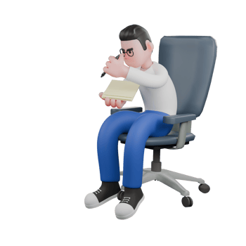 Cartoon Character 3D Model Editor Design. A male editor sits on a chair with his right hand holding a paper and his left hand holding a pen. Professional Model. png