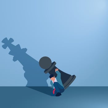 A man holds a small chess pawn with the shadow of a king, an illustration for big dreams. vector