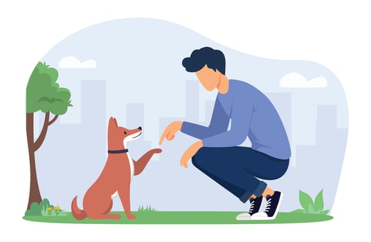 Owner training his funny dog. Man teaching dogs commands obedient. Leisure, Communicating with Home Animal in Park. vector