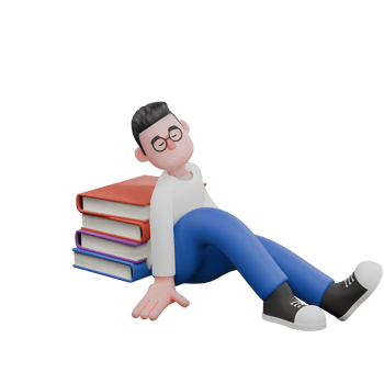 Cartoon Character 3D Model Editor Design. A male editor is leaning on a pile of books, a sleeping expression. Illustration Design png