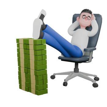 Editor in Cartoon Style 3D Model Illustration. A male editor is sitting on a chair with both hands behind his fist and both legs supporting the pile of money. Design png