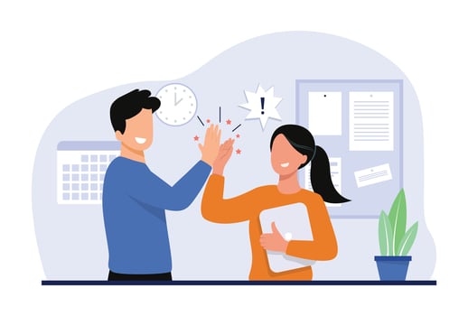Teamwork high five concept illustration. Cheerful colleagues congratulate each other, applauding, giving high five. vector