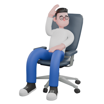 Creative Editor 3D Cartoon Character Design. A male editor sits on a chair with his right hand above his head and his left hand on his thigh. Professional Model. png